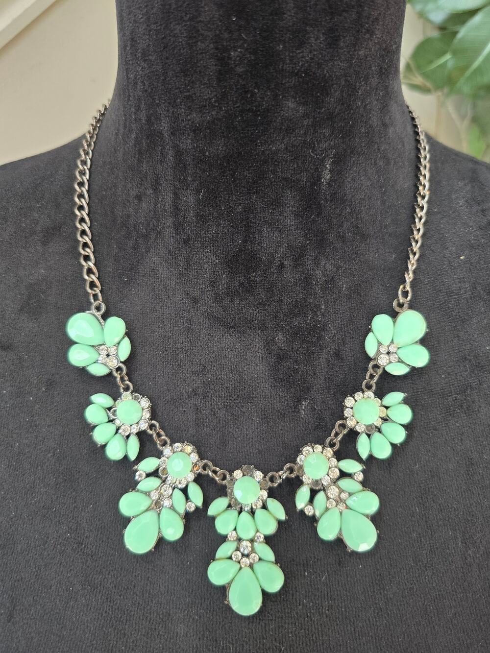 Mint Green Teardrop Rhinestone Floral Bib Statement Necklace